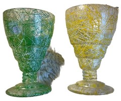 2 VTG Spaghetti (Drizzle) Footed Cocktail Glasses One Yellow One Green