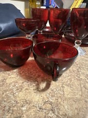 Anchor Hocking Bubble Foot Ruby Goblets, Tea Cups, Custard Dish, Red Bowls