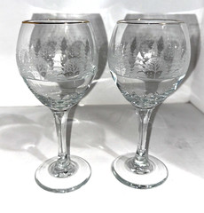 2 Vintage wine glasses, Lynn’s China Winter Snow Trees Gold Rim 7 3/4” Tall