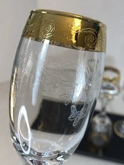 4 BERNINI Etched Crystal Stemware Cordial Glasses w/ wide 24K Gold Rim Italy 👀