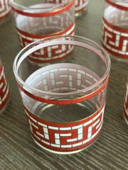 Vintage Mid-Century Barware Set | Red, White & Gold Greek Key Pattern – Set of 8