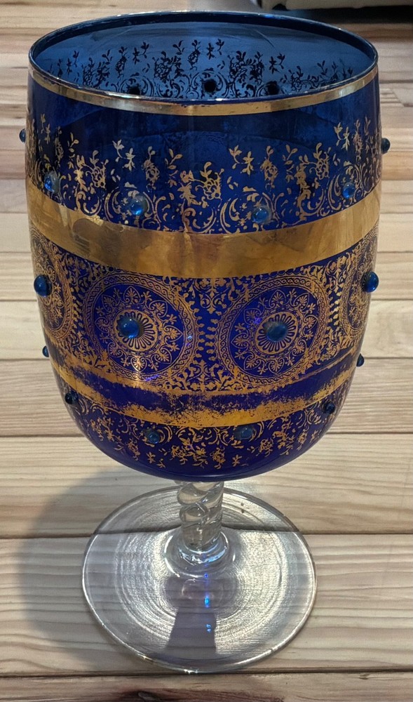 Vintage 10″ Cobalt Blue Art Glass Goblet Gold Gilt Enamel Jeweled Twisted Stem