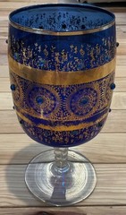 Vintage 10″ Cobalt Blue Art Glass Goblet Gold Gilt Enamel Jeweled Twisted Stem