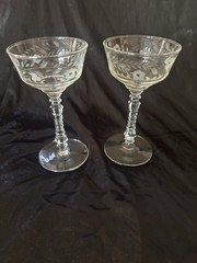 2 Vintage 1940s Libbey Rock Sharpe Etched 5 oz Champagne Coupe Glasses -Halifax