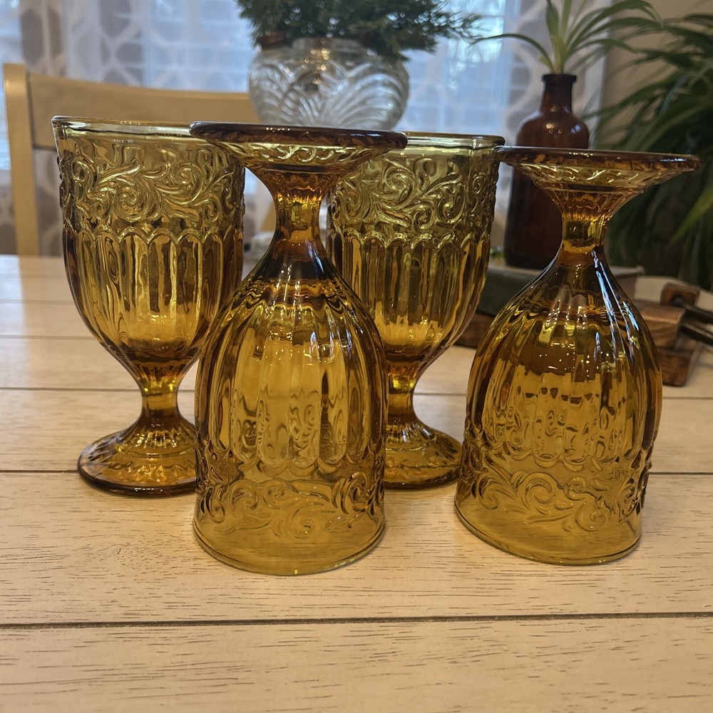 Set 4 Amber Stemmed Brynlane Home Water Goblets Glasses 6.5” Tall Heavy Footed