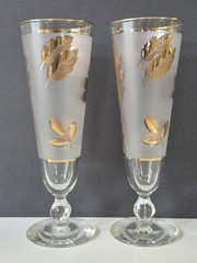Set Of 2 Vtg Libbey Gold Foliage Frosted Pilsner Champagne Glasses *w/ Ball Stem
