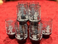Retro Vintage 1970s Libbey Mary Gregory Slate Blue 8pc Set Ex Cond 4.75” Signed