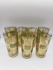 Culver Prado Green Gold High Ball Vintage Drinking Glasses Tumblers Set of 7 MCM