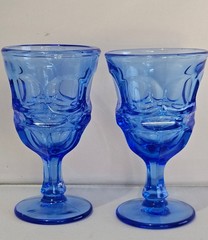 2 Fostoria Argus Blue Wine Glasses 1980s thumbprint goblets glass stemware decor