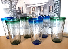 Lot of 6 Libbey ice crackle tumblers 3 green 3 blue rim glasses ice tea