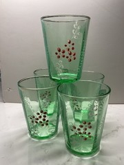 Vintage Set Of 5 Emerald Green Gold Gilt Enamel Glass Tumblers, Depression era?