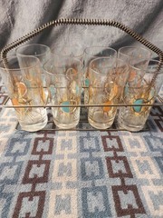 Fred Press Atomic Golden Starburst Highball Glasses Caddy Set Mid Century Modern