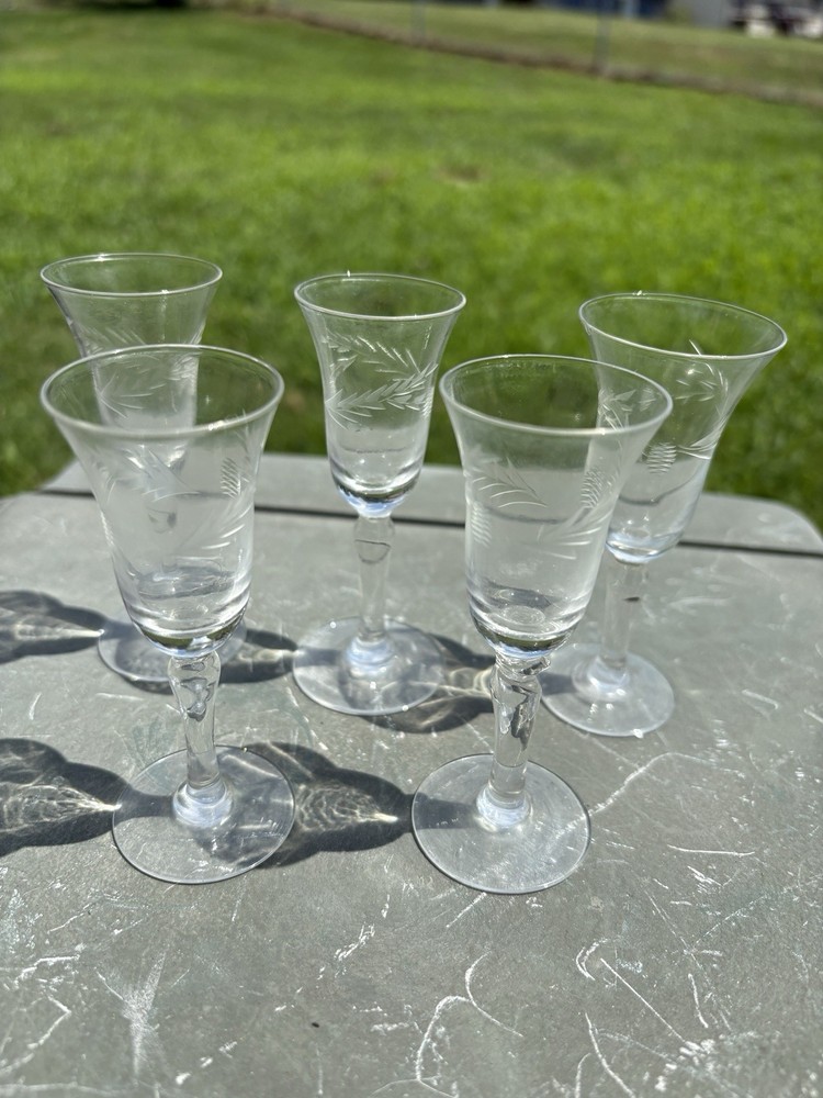Set of 5 Vintage Etched Berry/Cone And Leaf Stemmed Cordial Glasses