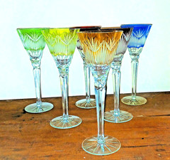 6 Ajka Cut to Clear Crystal Multicolor Wine Glasses Flutes