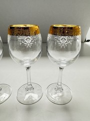 Cellini 24K GOLD Trim Etched Blown Crystal Wine Glasses Set of 4 Italy