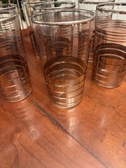 7 Vintage Mid-Century Modern Glass Silver Striped High Ball Tumblers 5 .5 X 2.5”