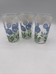 Vintage Blue White Dandelion Floral Tumblers Glasses Set of 3 Mid Century 4.5”