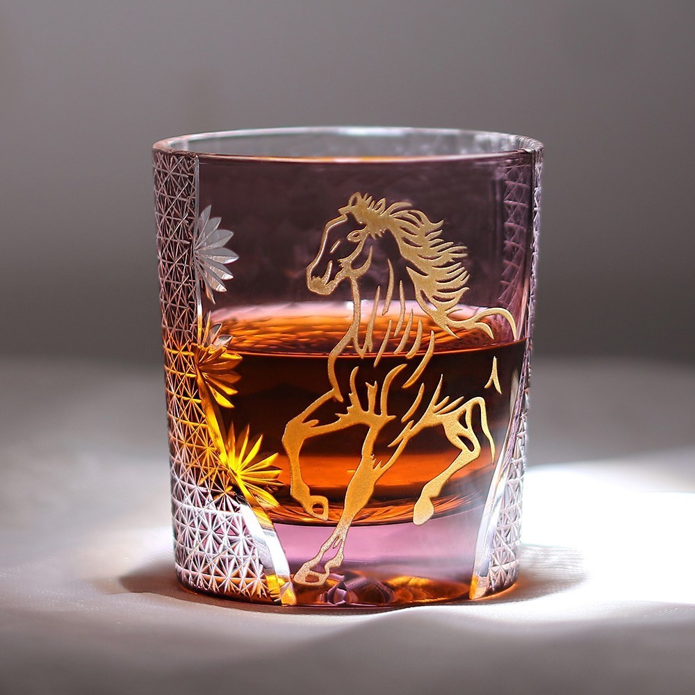 Whiskey Crystal Glasses Hand Cut To Clear Zodiac Year of the Horse Glass Purple