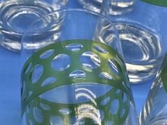 5 Vtg Clear Drinking Glasses with Dimpled Light Green Polka Dot Band Retro