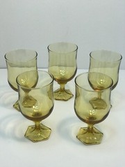 Vintage Amber Drinking Hexagon Pedestal Base Stem Glasses Set of 5 MCM