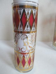 MCM West Virginia RAINIER Cranberry/Gold Diamond Highball Glasses & Pitcher 22KG