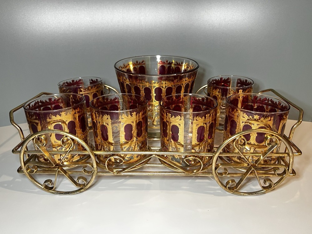 Rare Mid-Century Culver Cranberry Scroll Glasses Barware 8Pc Set MCM w/caddy