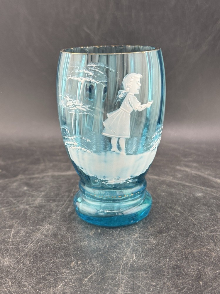 Antqiue Light Blue Mary Gregory Glass Hand Painted Tumbler Ribbed Gold Rim