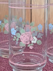 Pfaltzgraff Tea Rose Floral Libbey Tumbler Drinking Glasses Pink Bands Set of 5