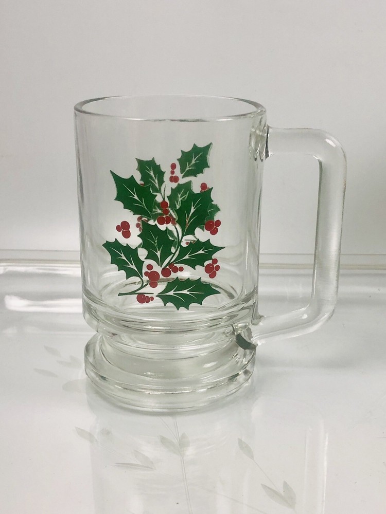 Libbey? Unmarked Heavy Clear Glass Christmas Holly Mug Stein Red Green Excellent