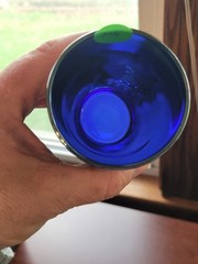 Super Blue Dugan Carnival Glass God & Home Pattern Tumbler
