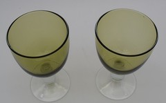 MCM Olive Green Bowl Clear Foot Goblets 5.75 in tall 3.25 in dia Set of 2 #G16