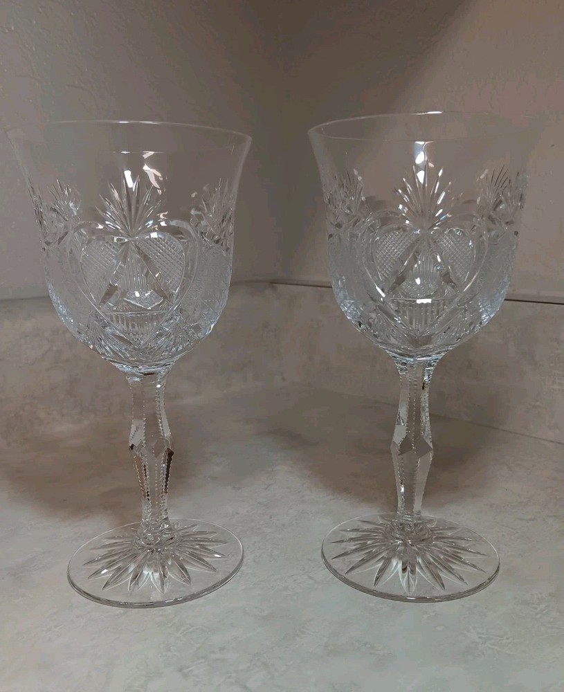 2 Czech Bohemian Cut Crystal Glasses-Heart And Pinapple-Notched Stem Wedding
