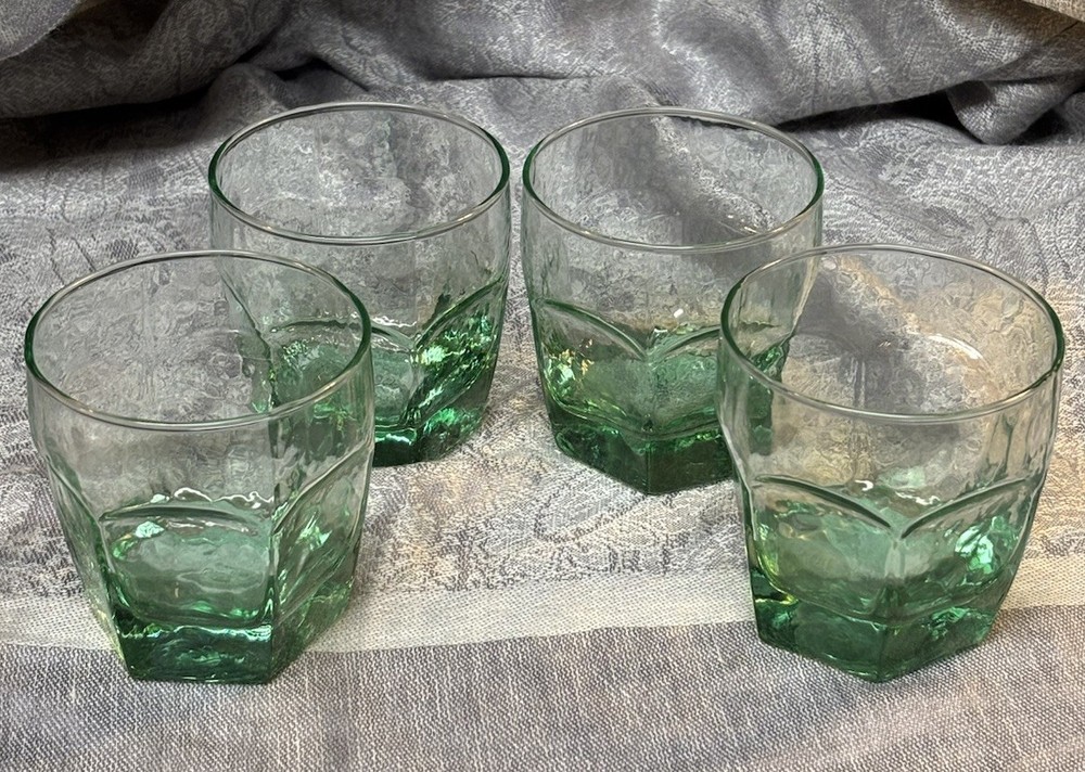 VTG SET OF 4 LIBBEY CHIVALRY GREEN GLASS OLD FASHIONED LOW BALL GLASSES 3 1/2″