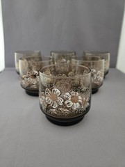 6 Vintage Libbey St Clair Glass Brown Floral Gold Trim On The Rocks Glasses MCM