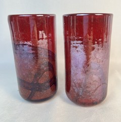 Hand Blown Ruby Red Art Glass Tumblers Set 2 Iridescent Swirl Studio Glass 6”