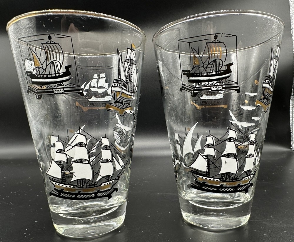 set of 2 MCM sailing ships with gold detail barware tumbler glasses