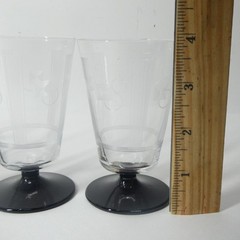 Art Deco 4 Footed Glasses Set 3 7/8″ Etched Pattern Black Base