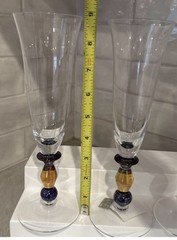 Pair of Mikasa Kensington Amber Blue Champagne Flute Iridescent Stem Glass 9”