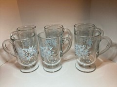 Six Vintage Libbey Snowflake Swirl Footed Glass Mug Blue & White on Clear