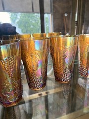 Vintage Marigold Carnival Glass Grape Tumbler Glasses Set Of 4