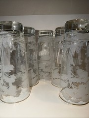 Vintage Gold Rim Highball Glasses Set. Frosted Trees Deer Nature Wildlife Cabin