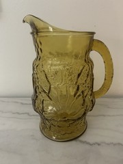 Vintage Anchor Hocking Amber Crinkle Glass Daisy Rain Flower Retro Pitcher