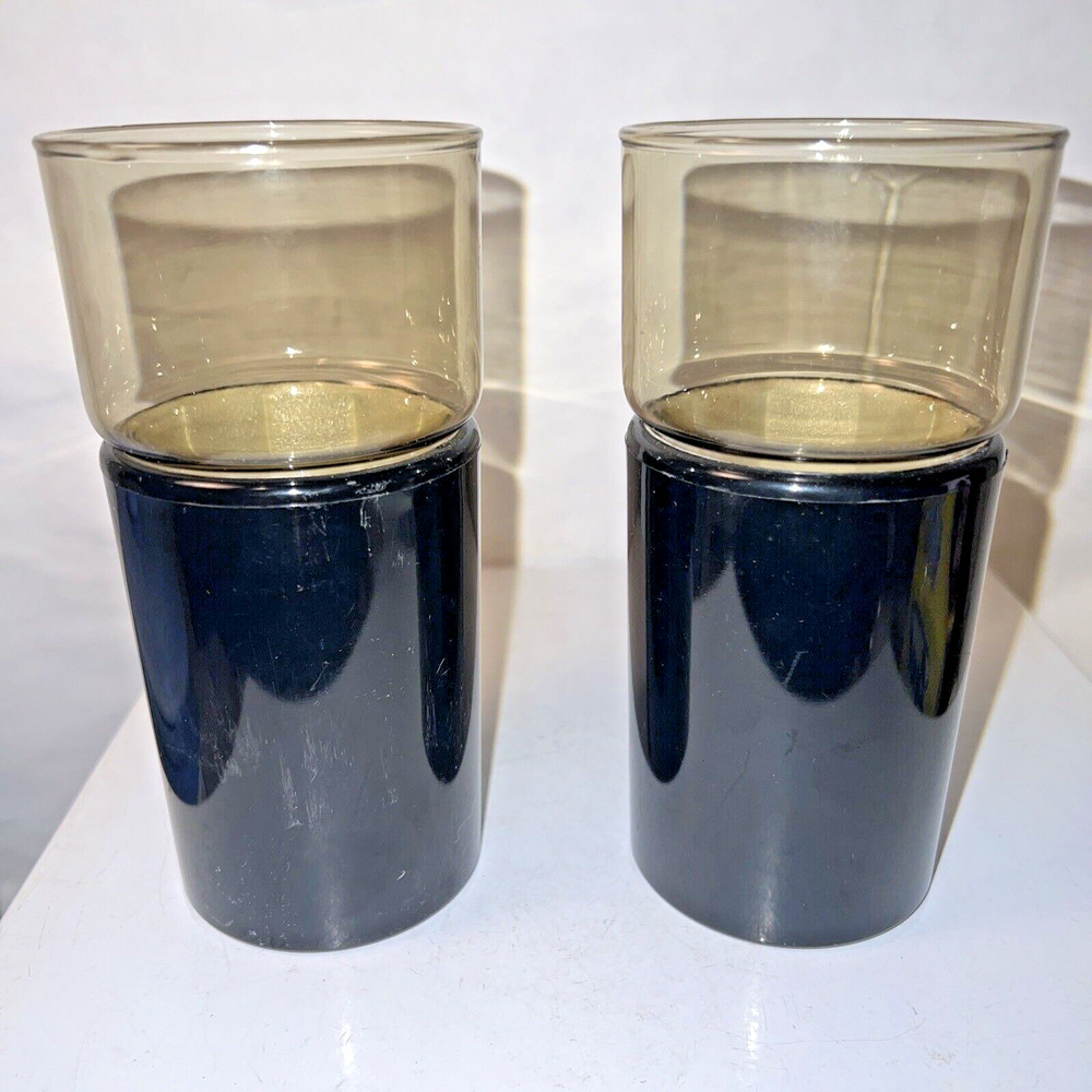 (2) Vintage MCM Henry & Miller Retro Kraftware Tumblers Amber Smoke black cozie