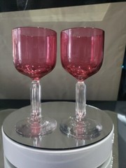 2 Wine glasses Antique Cranberry Pink Red Victorian bubble stem hexagonal cut