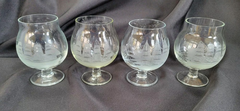 4 Toscany Clipper Brandy Glasses Set 4.25” Etched Frosted Nautical Sailing Ship