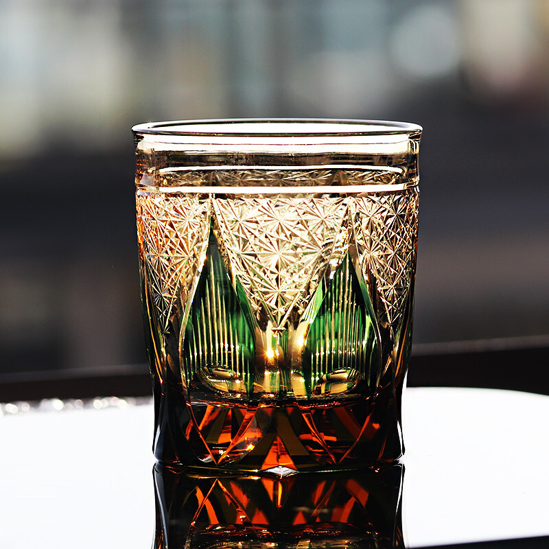 9oz/250ml Green and Blue Japan Style Kiriko Set Crystal Whiskey Glasses Tumbler
