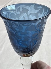 Vintage Michael Weems 2002 Blue Etched Glass Wine Glasses Set of 2