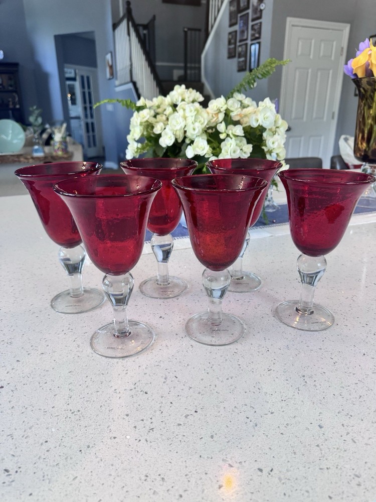 Set of 6 Home Studio Heartland Amber Red Glass Goblets 8” Tall – Pristine