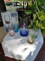 Vintage Laura Glass Allegro 5 Pc Juice Set Pitcher 4 Glasses Hand Etched 1990s