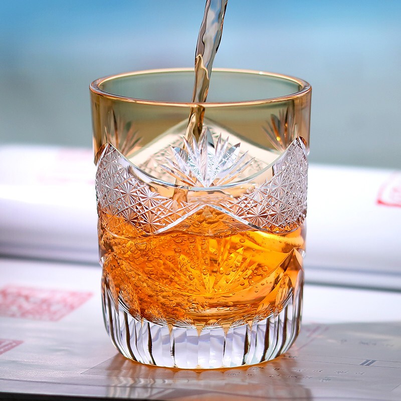 Hand Cut Orange Crystal Glass Whiskey Glass Tumbler Edo Kiriko Drinkware 280ml